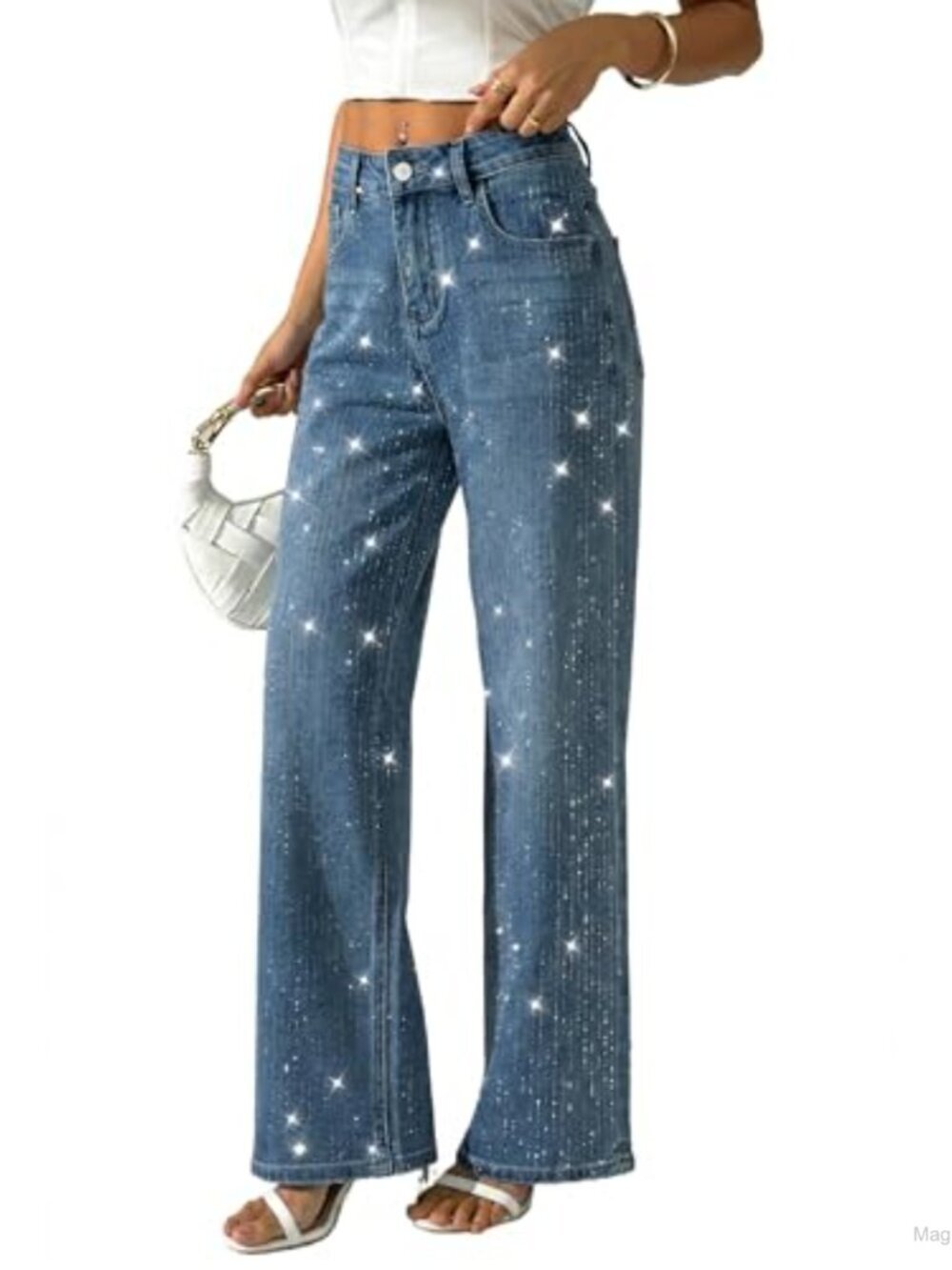 High Waist Wide Leg Rhinestone Jeans Sequin Sparkle Glitter Denim Pants Y2K